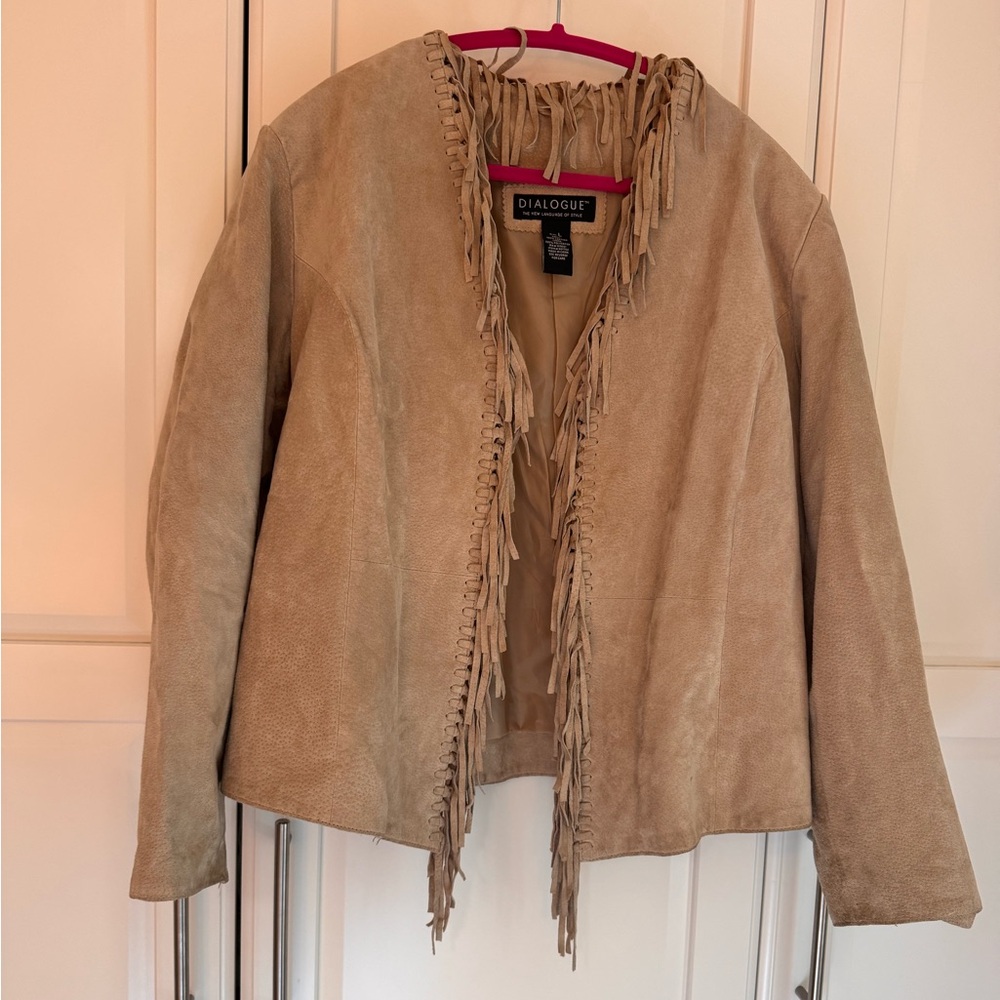 Dialogue Tan Suede Leather Fringe Jacket – Boho Western Style – Size Large